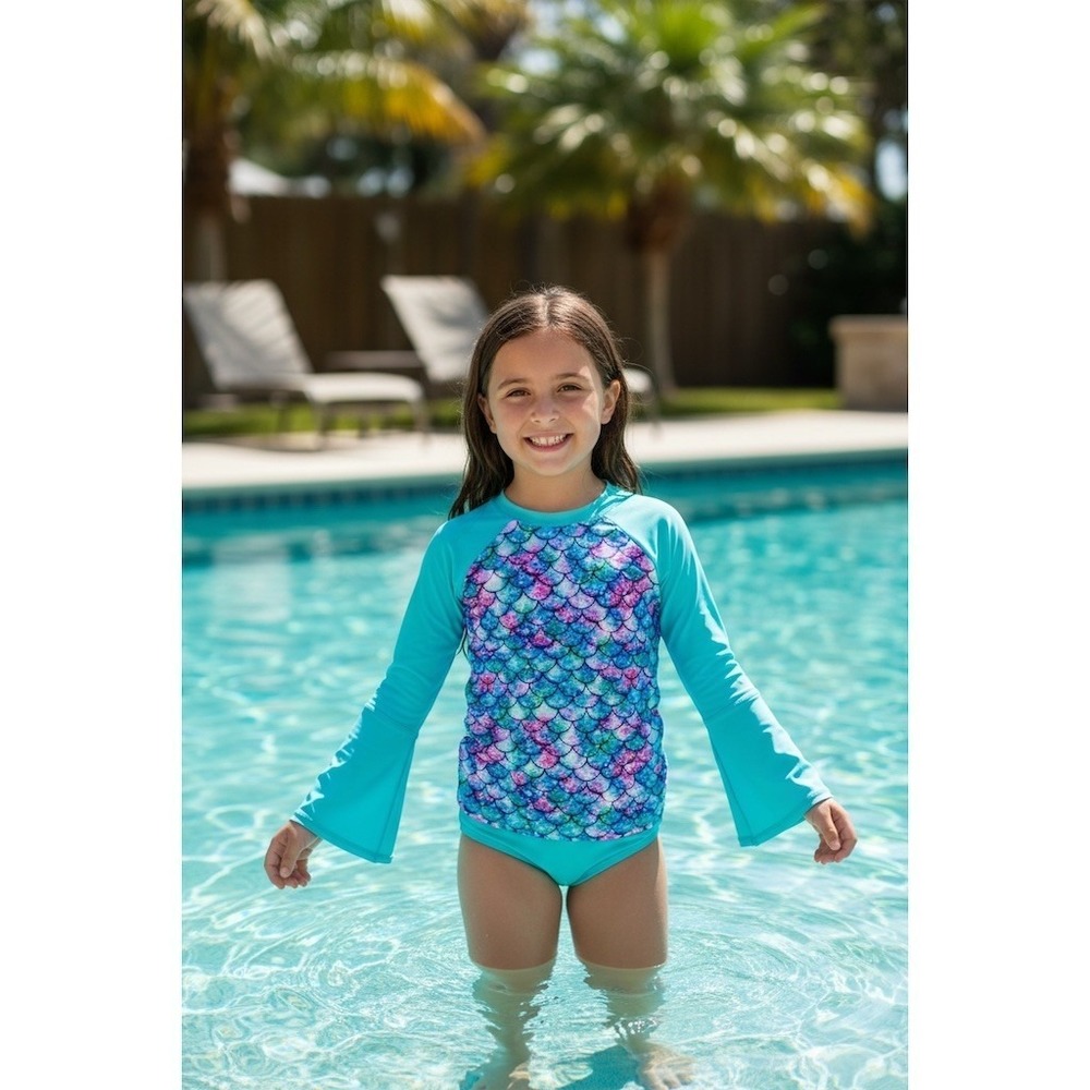 Grace Karin Girls Rash Guard Swim Top Size 14 Mermaid Scales Long Sleeve UPF 50+